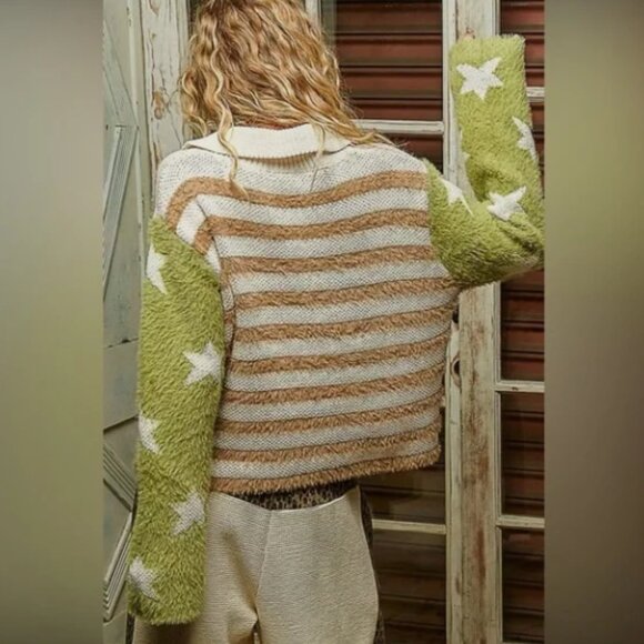 P43 - POL Green and Tan Stars Flag Mohair Sweater Jacket - Picture 3 of 6